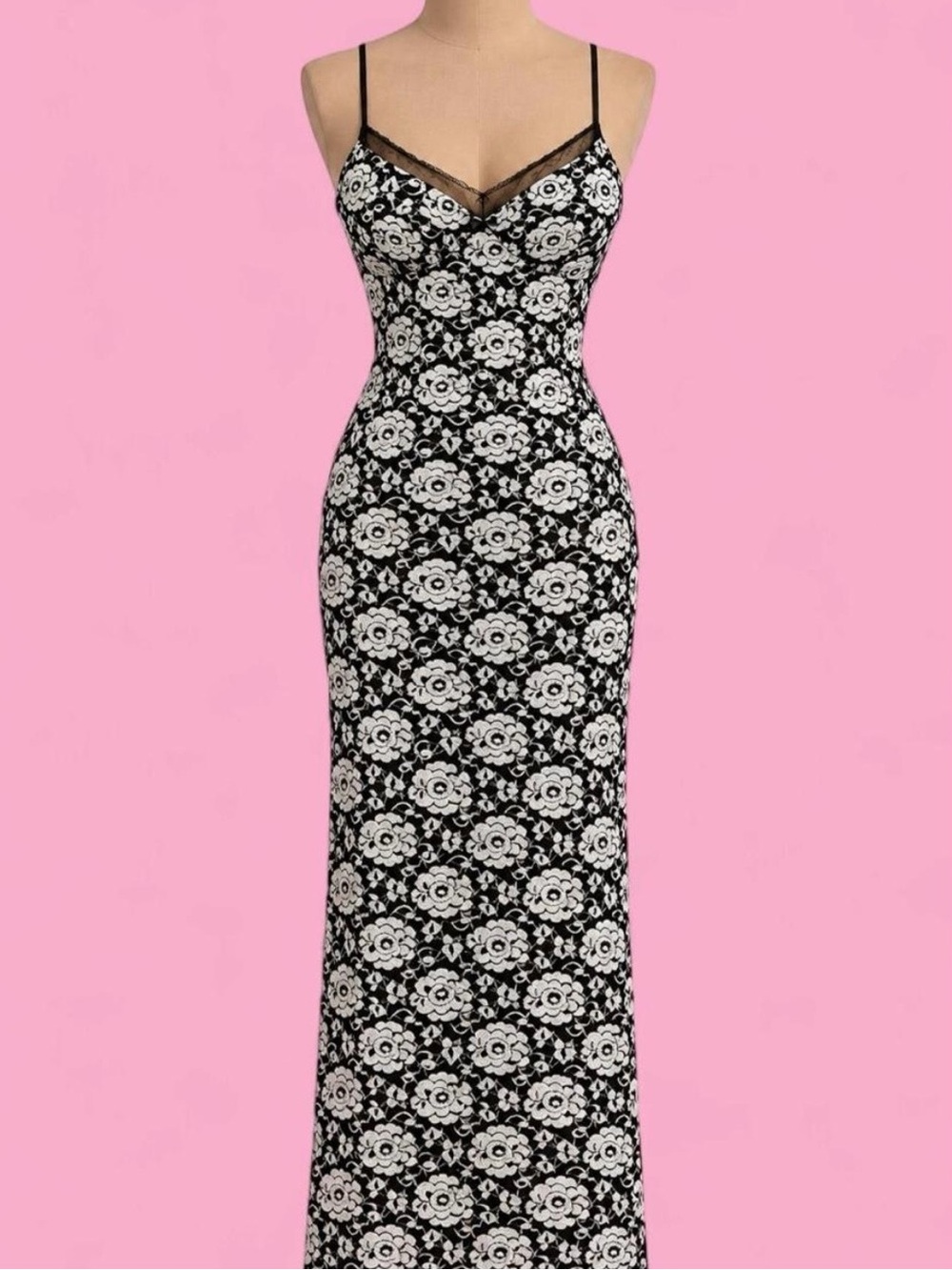 Vintage Caché Y2K Black White Floral Lace Maxi Dress Small